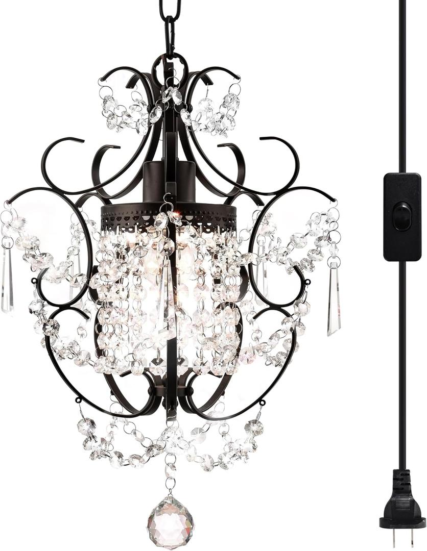 Plug in Pendant Lights with K9 Crystal Bronze Hanging Lamp with 15Ft Clear Cord & On/Off SwitchMini Chandelier for Closet Living Room Girls Room Bedroom Nursery