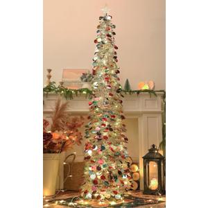 6 FT Pop Up Christmas Tree with 100 LED Timer Lights & Remote, Silver Collapsible Christmas Tinsel Tree Artificial Pencil Tree Xmas Decoration for Holiday Home Office Party, USB Powered, Colorful Silver