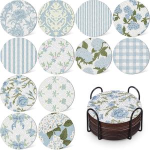 Ferrochef 12 Pcs Blue Floral Hydrangea Diamond Art Coasters Kit, 5D DIY Diamond Coasters Crafts with Tool Kit, Non Slip Cork Coaster for Women Blue Coquette Aesthetic Bow Printed Gift