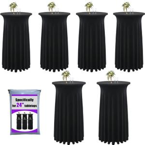 6-Pack 24"x43" Black Round Cocktail Table Skirts | Stretch Spandex Fitted Tablecloths | Stain-Resistant, Wrinkle-Resistant, and Machine Washable for Bars, Weddings, Parties, and Banquets