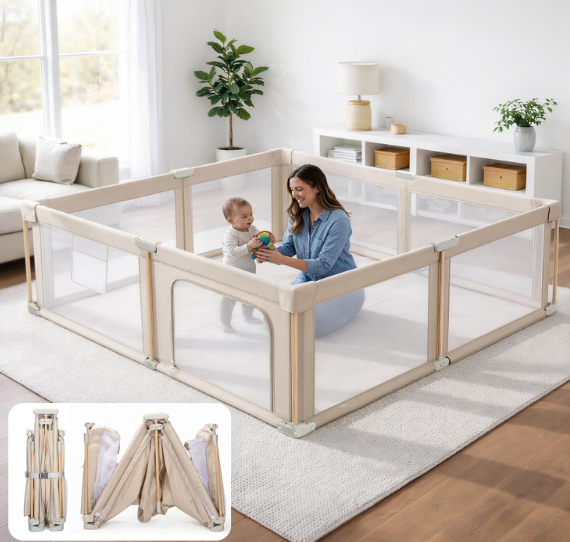 Foldable Baby Playpen with Mat, Foldable Baby Fence Play Yards for Babies and Toddlers, Play Pen with Breathable Mesh Anti-Fall Pads Storage Bag and 2 Pull up Rings (71"×59")