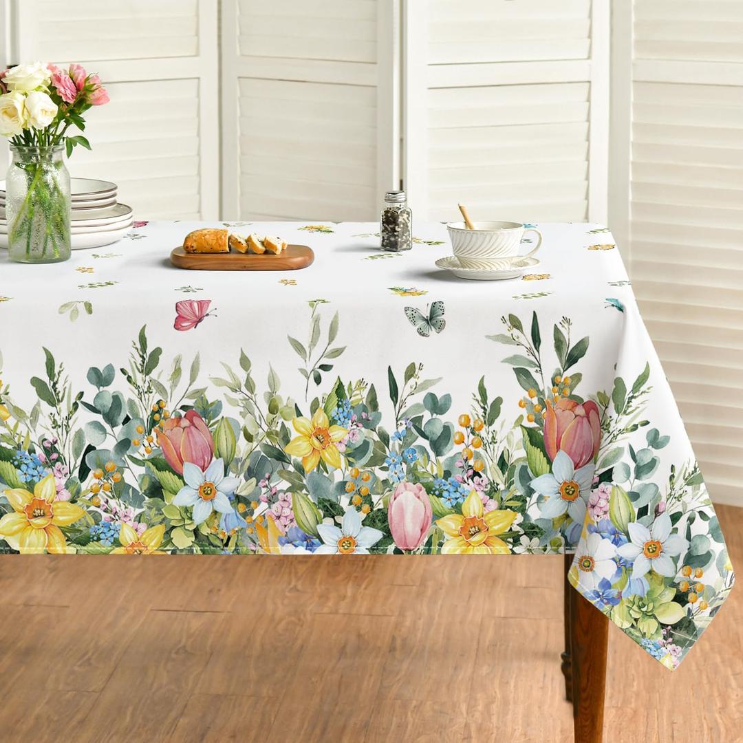 Horaldaily Spring Tablecloth 5270 Inch Rectangular, Colorful Hydrangea Tulip Flower Butterfly Washable Seasonal Table Cover for Party Picnic Dinner Decor (White)