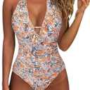 SUUKSESS Women Sexy Halter One Piece Swimsuits Ruffle Tummy Control Bathing Suit (Large, #1 Yellow Floral)