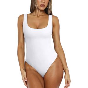 REORIA Bodysuit for Women Scoop Neck Sleeveless Tank Top Bodysuits 2025 Sexy Thong Bodysuit Basic Leotards for Women (Large, White)