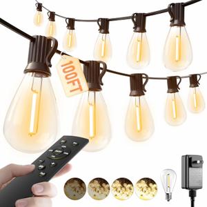 luckystyle 100FT LED Outdoor String Lights with Remote, 35+ 1 Shatterproof Bulbs Waterproof and Dimmable Patio Lights for Porch, Garden, Backyard, Deck, Balcony, 2200K Hanging Lighting (Warm Yellow-2200K)