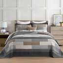 Finlonte 120"x120" Oversized King Bedspread - 100% Cotton Lightweight Quilted Bedspreads Coverlet Set, Farmhouse Stripe Bedding Reversible Oversized King Quilt with 2 Pillow Shams, Gray/Brown/Beige