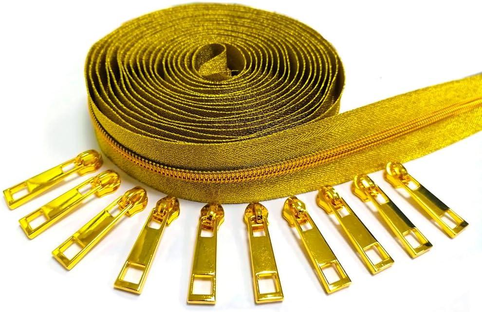 Coil Zipper by The Yard 5# -Nylon Metallic for Sewing, Gold Teech 5 Yard Upholstery with 10 Slider -VOC for DIY Tailor Craft5 Tape
