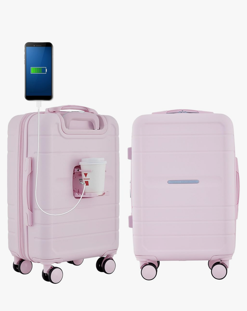 French Connection St. Martin Carry-On Luggage with Cup Holder/USB Ports, Pink A Boo, 15.4 x 9 x 22 inches
