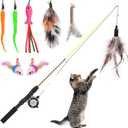 Retractable Cat Teaser Wand Toy, Cat Toys for Indoor Outdoor Cats Interactive Fishing Rod with 8 Pcs Refills Feather Toy, Plush Mouse Caterpillar & Fish