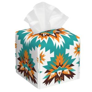 2 x Orange and Green Bohemian Elements Leather Tissue Box, Household Water Proof Square Tissue Box, Suitable for Dining Tables, Desks/Living Rooms/Offices/Bedrooms/Cars