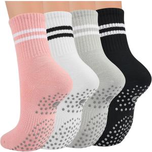 Toes Home Pilates Socks for Women with Non Slip Grippers, Yoga Crew Socks for Barre Hospital Sticky Slipper Socks 4 Pairs (6-10, Multicolor)