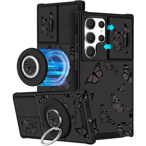 for Samsung Galaxy S24 Ultra Case - [2in1] Women Cute Girls Phone Cover Girly Aesthetic Black Butterfly Design Camera Cover Compatible with MagSafe Ring Holder Stand Funda for S24 Ultra