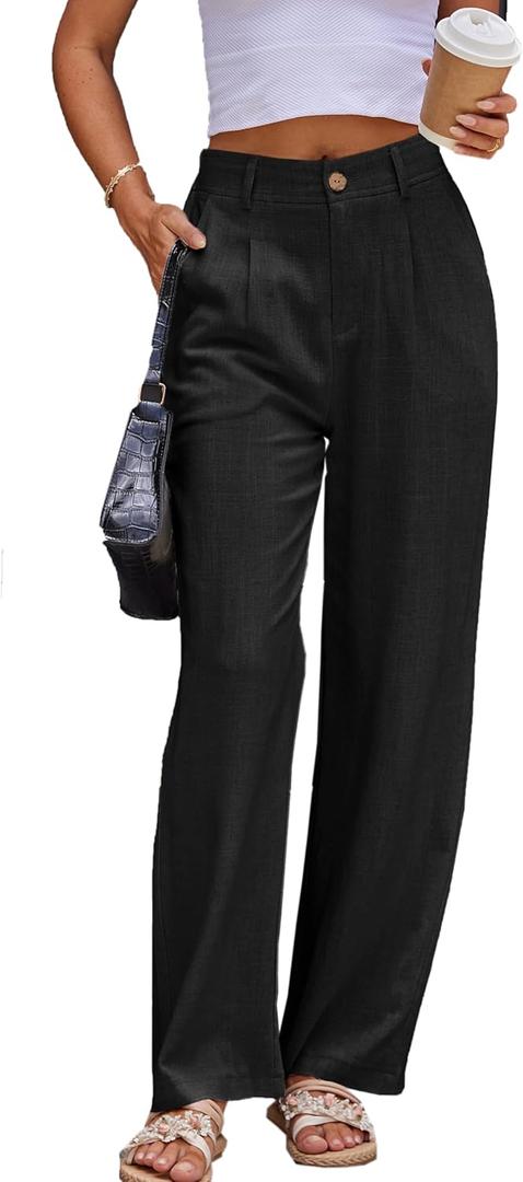 heipeiwa Women's Linen Casual High Waist Wide Leg Straight Dress Cotton Linen Pants Button Trousers, S