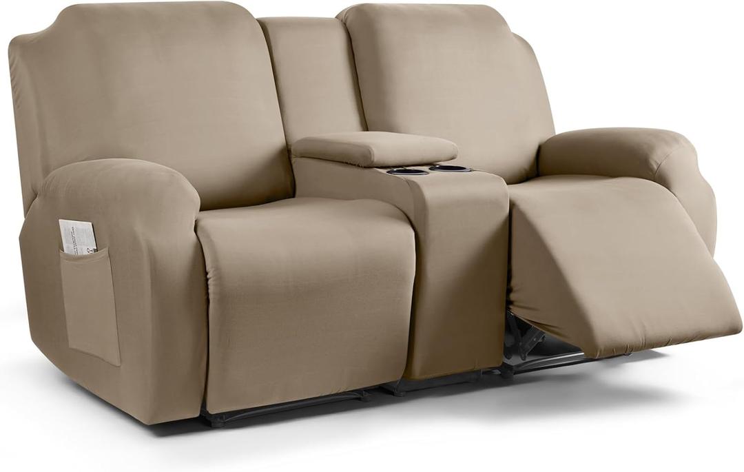 TAOCOCO Recliner Loveseat Cover with Middle Console 4 Pieces Recliner Sofa Cover Polyester Fabric Stretch Loveseat Reclining Sofa Covers (Taupe, 2 Seat Recliner Cover with Console)