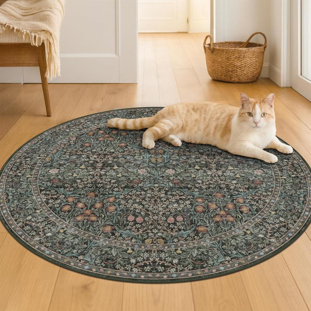 Washable Round Area Rug 5ft for Living Room, Bedroom, Soft Ultra-Thin Non-Slip Vintage Circle Carpet for Kitchen Nursery, Dark Green Boho Floral Dcor