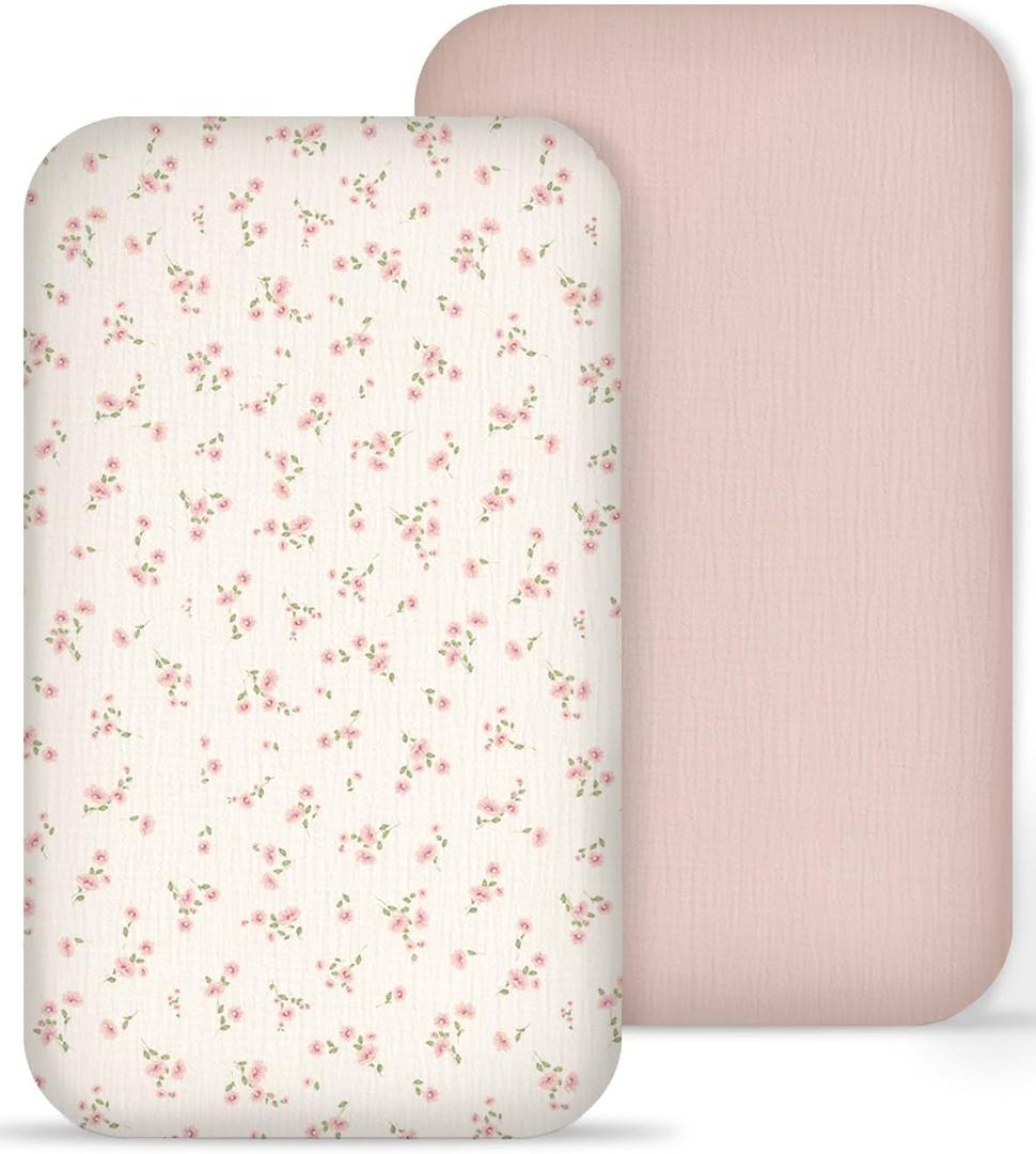 Muslin Bedside Bassinet Sheets 2 Pack, 33x20 Fitted Ultra Soft & Breathable Bedside Sleeper Sheets, Ideal for Baby Girl and Boy, Perfect for Newborns (Rosy)