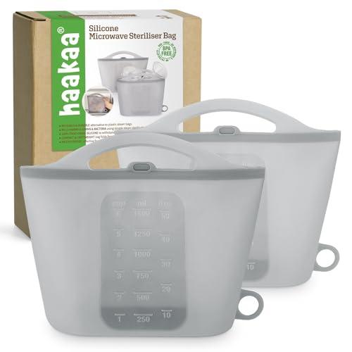 Haakaa On-The-Go Silicone Microwave Steam Sterilizer Bags for Travel, 50oz/1500mlReusable Silicone Steaming Bags for Baby Bottles, Breast Pump, Accessories, Pacifiers, Teethers,Grey/2PCS