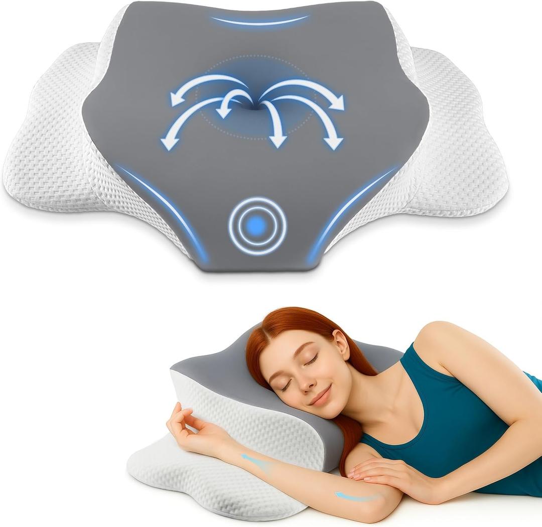 Cervical Neck Memory Foam Pillow for Sleeping, Firm Support Two Heights Side Sleeper Pillow, Ergonomic Contour Pillow for Neck Shoulder Pain Relief (Gray& White)