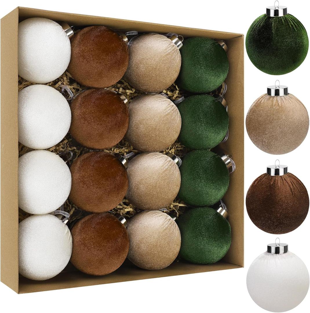 Aneco 16 Pieces Velvet Christmas Tree Ornaments 3.15 Inch Christmas Ball Ornaments Shatterproof Hanging Ball Decorations for Xmas Tree Holiday Wreath Garland Decor, Green and Brown (Light Brown, Reddish Brown, Deep Green, Beige)