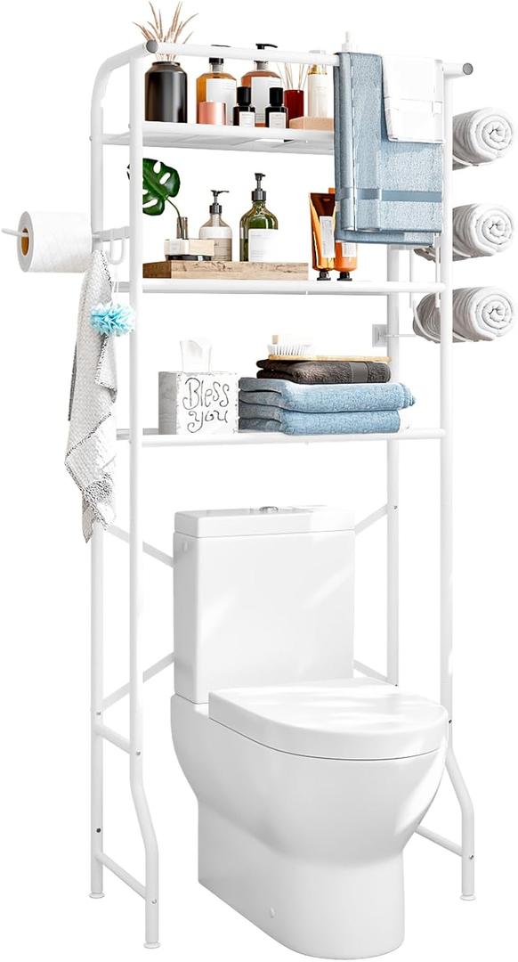 Dazioter Over The Toilet Storage Metal 3 Tier Bathroom Organizer Shelf with Paper Holder Easy to Assemble & Space Saving (White)