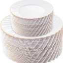 U-QE 100 Pieces Gold Plastic Plates - Premium White Plastic Plates for Party, Wedding and Daily Use Including 50PCS 9 '' Plastic Dinner Plates & 50PCS 6.5 '' Plastic Dessert Plates
