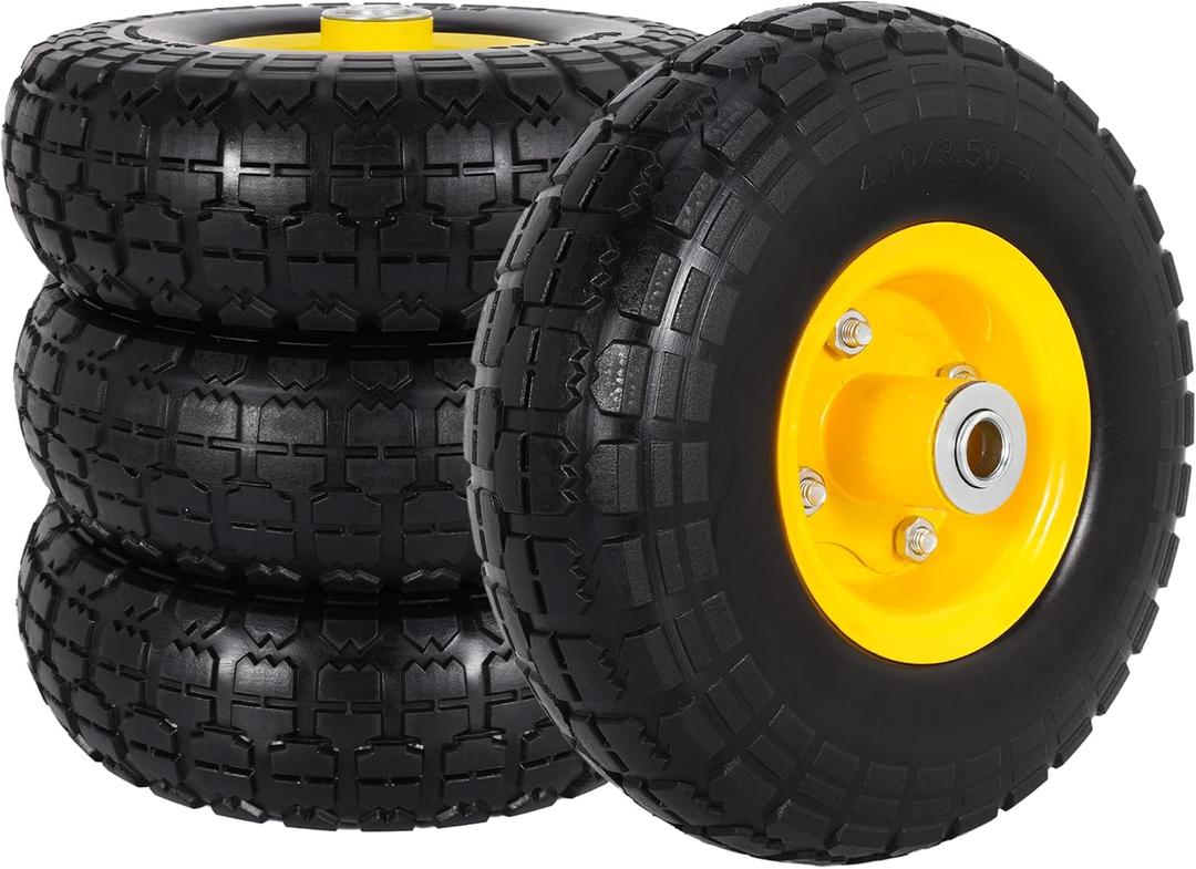 RUTU 4.10/3.50-4" Tire and Wheel, 10 Inch Solid Tires Wheels with 5/8" Axle Bore Hole 2.2" Offset Hub for Wheelbarrow, Dump Cart, Dolly, Hand Truck, Trolley, Garden Wagon, Gorilla Carts, 4 Pack