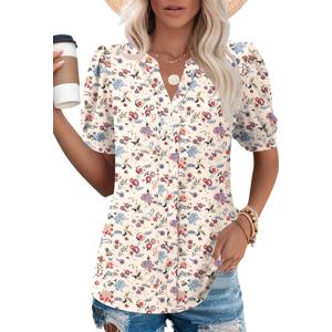 Kistore Women's Short Sleeve Tops Dressy Casual Business Work Blouses V Neck Chiffon Top Office Shirts (Beige, XL)