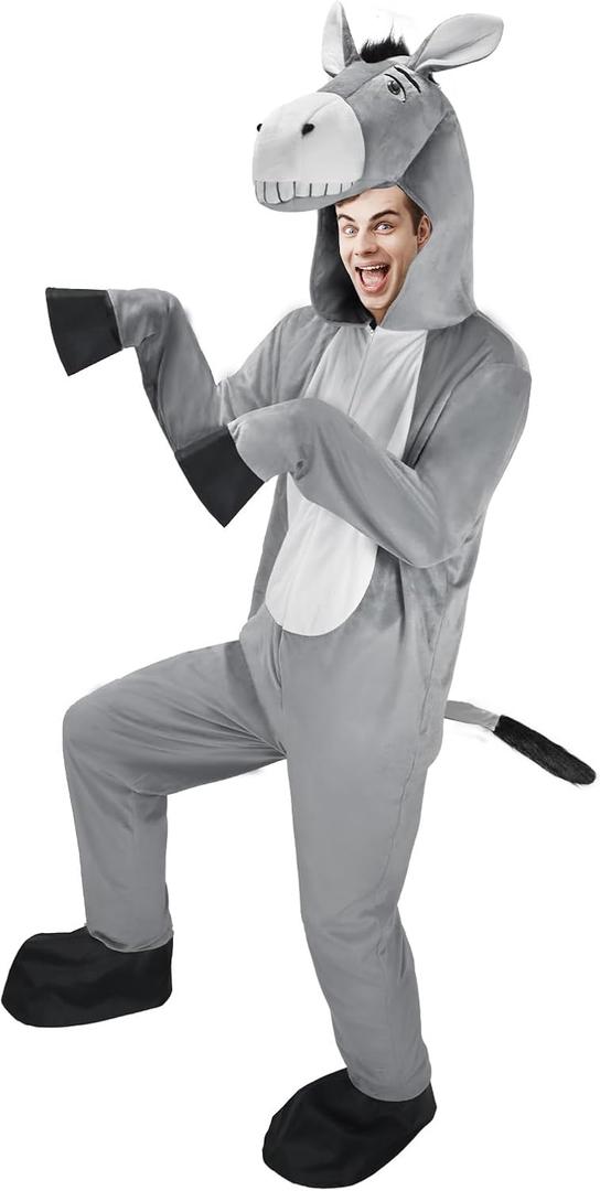 Hooded Donkey Costume for Adult, Gray Donkey Jumpsuit, Farm Animal Costume Halloween Cosplay Outfit (Large, Grey)