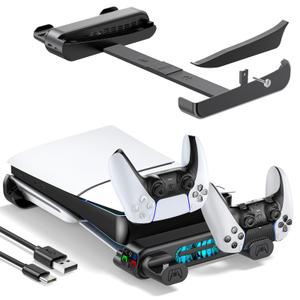 Tokluck PS5 Slim/Pro Horizontal Stand, PS5 Cooling Station with Dual Controller Charger for Disc & Digital Versions, 3-Level Cooling Fan - Black (NOT Fit 2020 PS 5 Regular Version)