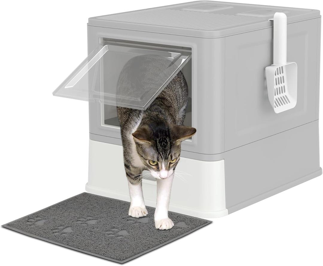 JoyPlus Cat Litter Box with Lid, Enclosed Litter Pan with High Side, Litter Scoop and Mat, Anti-Leakage, Odor Control Easy Clean (Gray-Plastic Drawer)