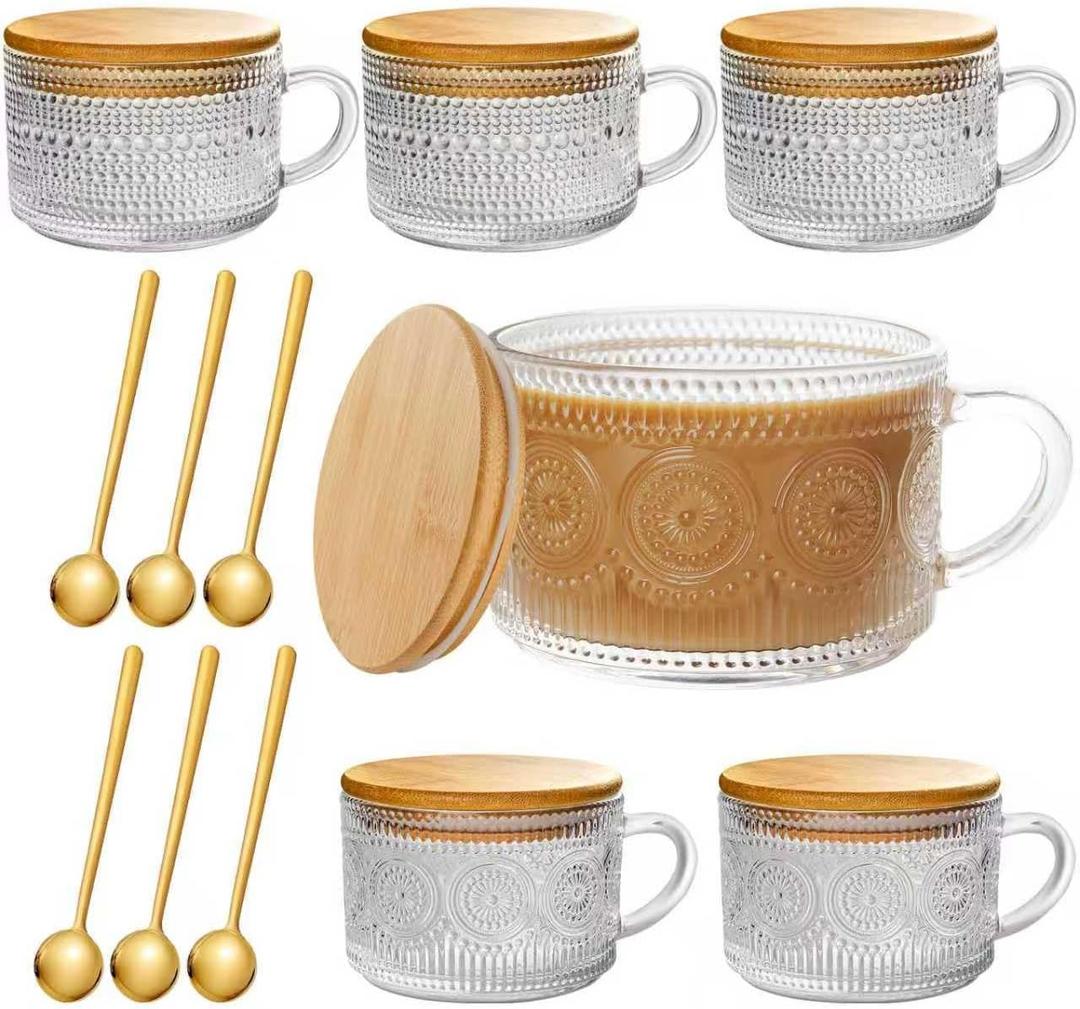 6 PACK Vintage Glass Coffee Mugs 14oz Clear Embossed Tea Cup Set with Bamboo Lids and Gold Spoons,Yogurt Bowl, Kitchen Gifts For Women