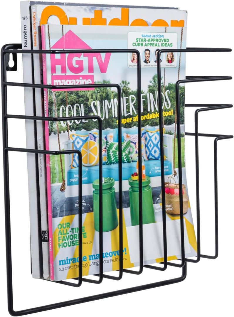 MyGift 11 Inch Modern Art Deco Black Metal Wire Floating Magazine Rack and File Folder Holder, Wall Mounted Home or Office Storage for Oversized Magazines