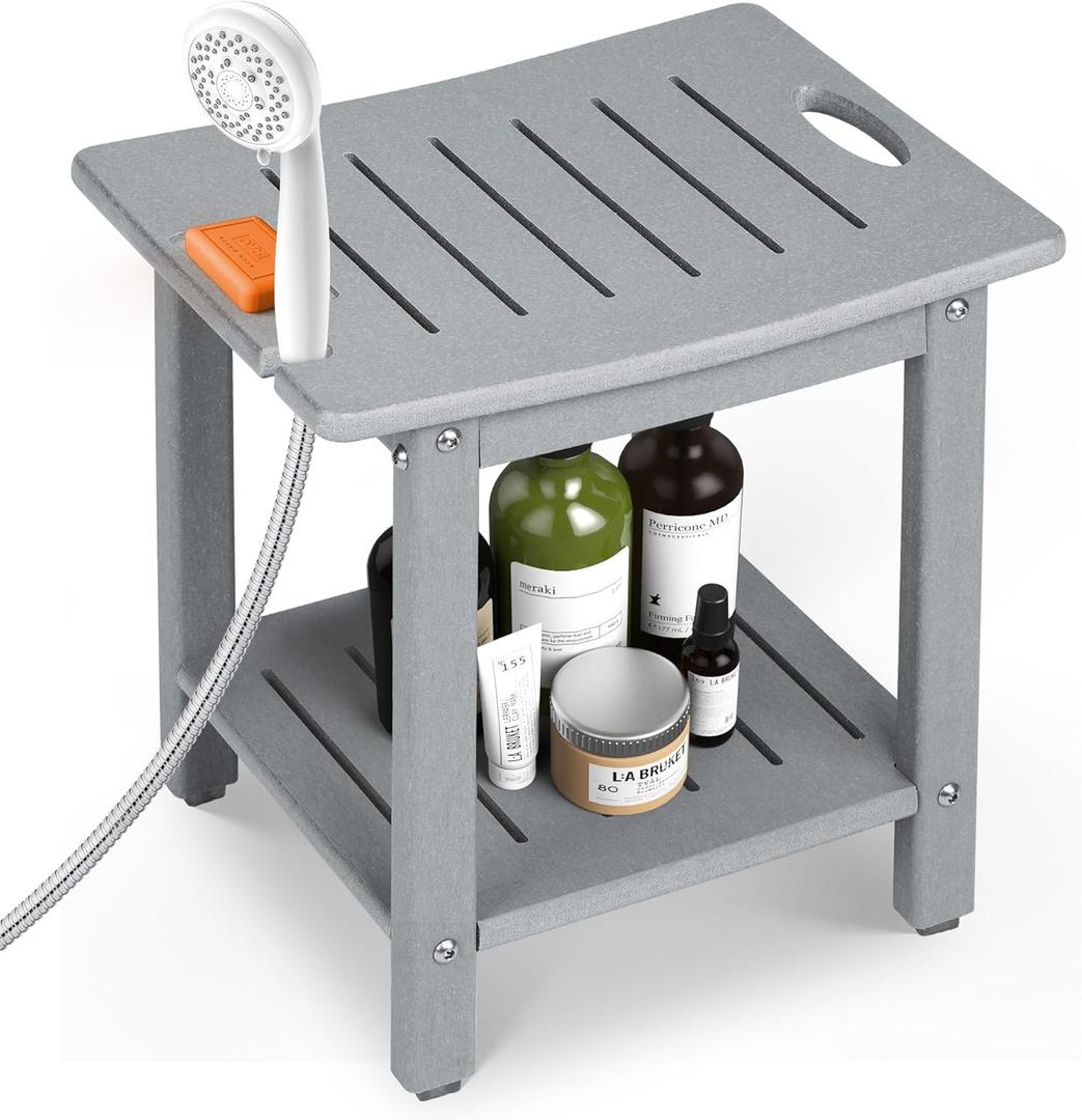 Shower Bench for Inside Shower, HDPE Shower Stool for Shaving Legs Shower Chair with Storage Shelf/Handle, Waterproof Shower Seat for Bathroom, Bathtub, Shower Stall, SPA, Indoor or Outdoor Use, Gray, 12.6"D x 16.3"W x 16.9"H