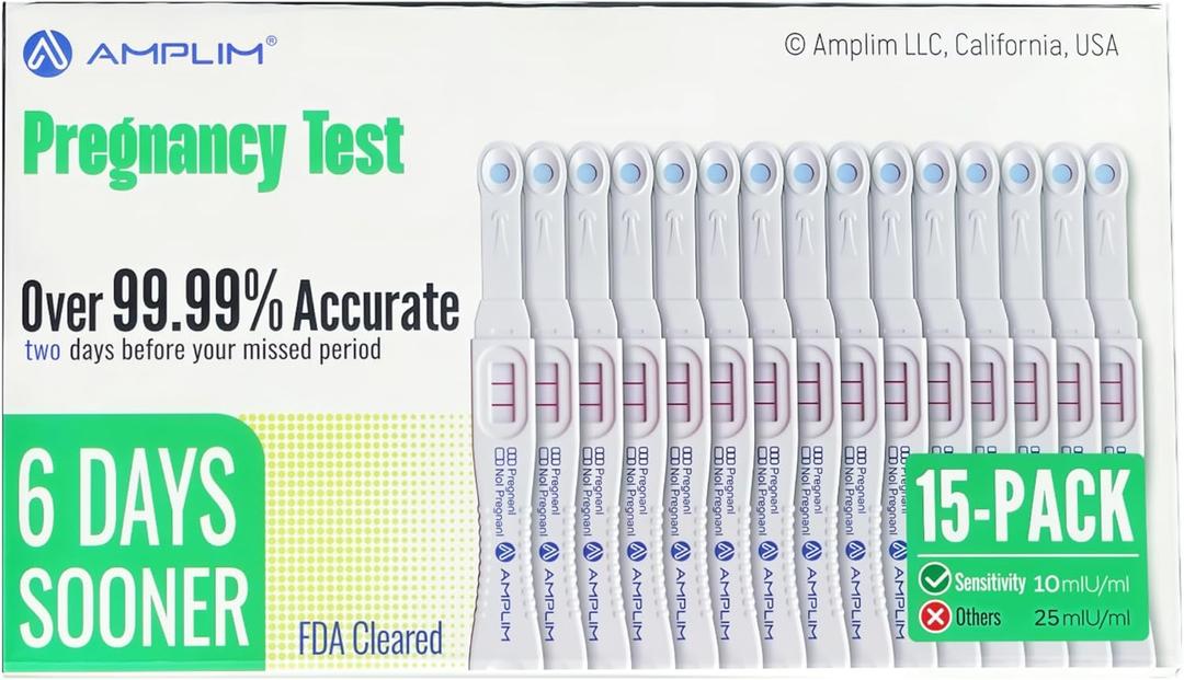 Amplim Early Detection Pregnancy Test Sticks 15 Pack, 99.99% Accurate, Sensitive Midstream Home Urine Test Kit for Women, 3-Sec Reliable Results 6 Days Sooner, 10 MIU/mL HCG, FDA Cleared