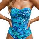 Yonique Womens Strapless One Piece Swimsuit Tummy Control Bandeau Bathing Suits Slimming Twist Front Swimwear (Blue, M)