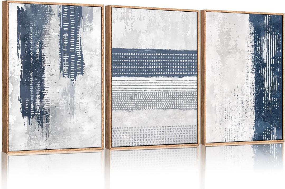 HLNIUC Navy Blue Abstract Framed Wall Art Set, Neutral Minimalist Canvas Wall Decor, Mid Century Modern Wall Painting, Grey Geometric Art Print for Living Room, Bedroom, Office - 24"x36"x3