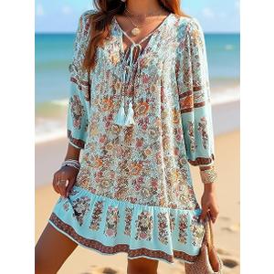 Womens Boho Mini Dress V Neck Flowy Loose Beach Dress Casual Holiday Style 3/4 Sleeve Summer Outfit Blue Large