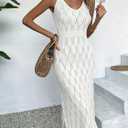 Women's Sleeveless Crochet Knit Summer Dress, Casual Beach Midi Sundress with Scalloped Pattern, L