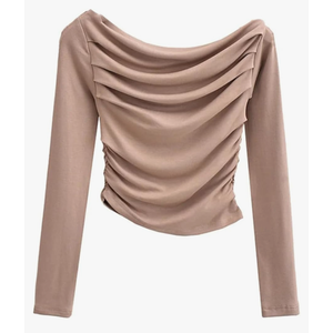 REHJJDFD Women's Long Sleeve Crop Bottoming Shirt Solid Slash Neck Ruched Y2k T Shirt, M