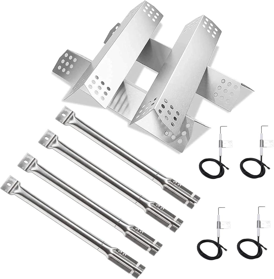 BBQration Stainless Steel Replacement Kit for Master Forge 1010037, 4-Pack Heat Plates Tent Shield, Burner Tube and Ignitors, 2-Pack 7MM Solid Cooking Grates Replacement Part for Master Forge 1010037