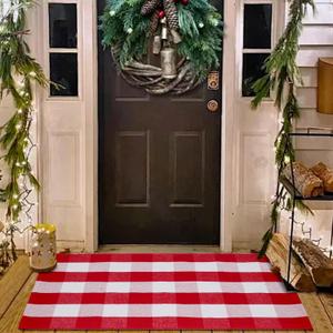 Christmas Red and White Plaid Rug 27.5 x 43 Inches, Hand-Woven Indoor/Outdoor Layered Cotton Blend Buffalo Plaid Rug, Washable Front Door Mat, Perfect for Porch, Living Room, Entryway