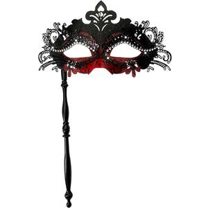 WILOVCOS Womens Masquerade Mask with Stick, Handheld Mardi Gras Mask,Venetian Party Masks (Black & Red)