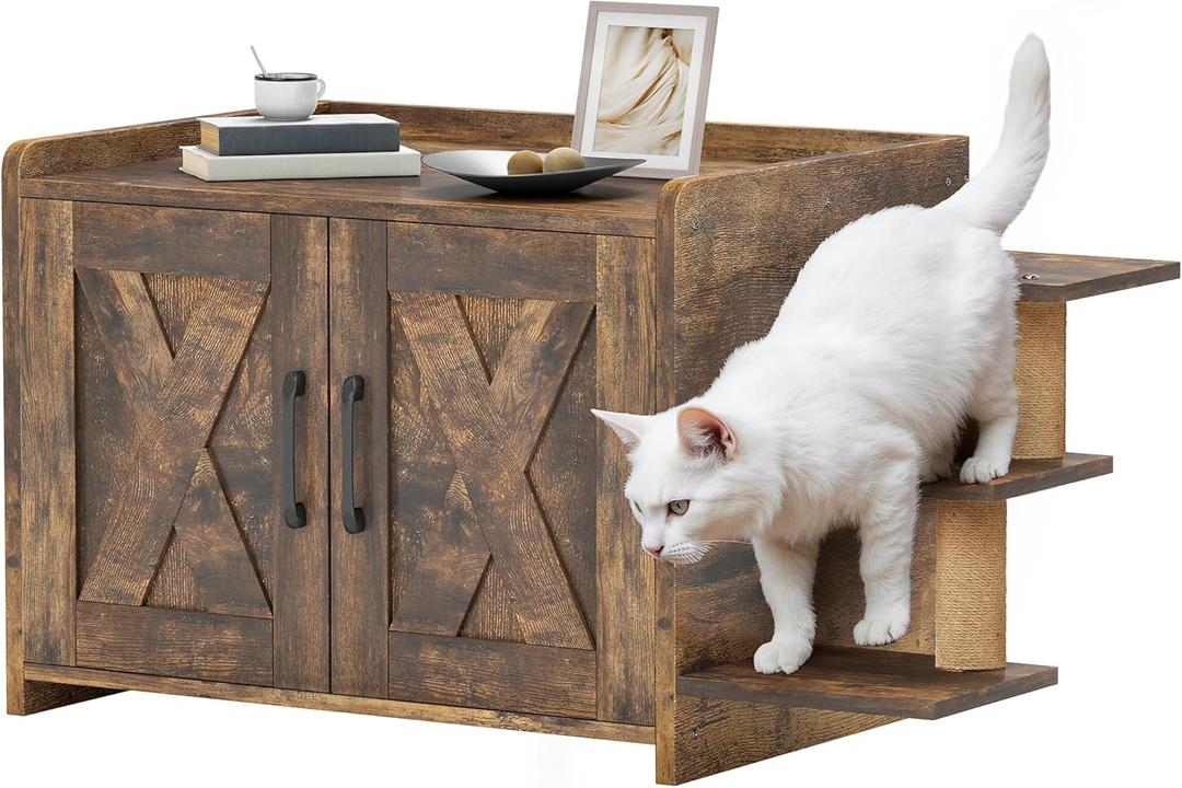 YITAHOME 27" Cat Litter Box Enclosure, Modern Cat Litter Box Furniture Hidden with Scratching Post&cusion, Wooden Cat House as Side End Table Nightstand, Fit Most of Litter Box, Brown