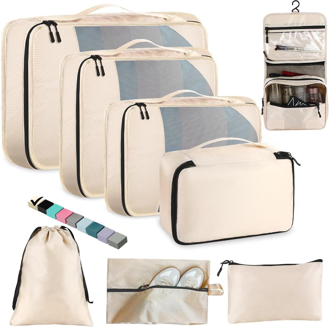 8 Set Packing Cubes for Travel Women Men Kids, Mesh Suitcase Organizer Bags Set for Luggage, 4 Sizes Extra Large, Large, Medium, Small, Travel Camping Essentials Accessories, Beige