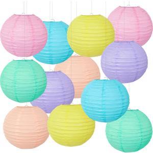 12 Pcs Pastel Paper Lanterns, 10" Macaron Hanging Round Chinese Lanterns Set, Colorful Decorative Party Supplies for Baby Shower, Classroom, Birthday & Wedding Decorations