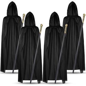 Velmitten 4 Pcs Halloween Wizard Costume Set Long Hooded Black Cloak Adult with Gold Costume Walking Cane for Hooded Cape Masquerade Cosplay Party