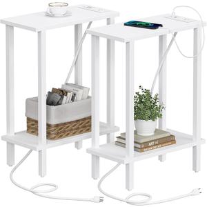 TUTOTAK Small End Table with Charging Station, Narrow Side Table with USB Ports and Outlets, Set of 2, Skinny Sofa Table, Slim Nightstand, Living Room, Bedroom, White TB01BW0602 (2-Tier7.9"D x 15.8"W x 22.5"H)