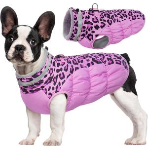 FUAMEY Dog Coat for Small Dogs,Waterproof Dog Winter Jacket with Harness Built in Puppy Cold Weather Coats Reflective Pet Vest with Zipper Warm Fleece Dogs Snowsuit Windproof Pink Leopard S