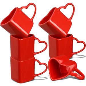 Domensi 6 Pcs 11.8 oz Valentines Heart Shaped Mugs Bulk Red Heart Coffee Cup Valentine Ceramic Mug with Handle Love Tea Cup Gift for Romantic Valentines Wedding Anniversary Couple Lover Decoration