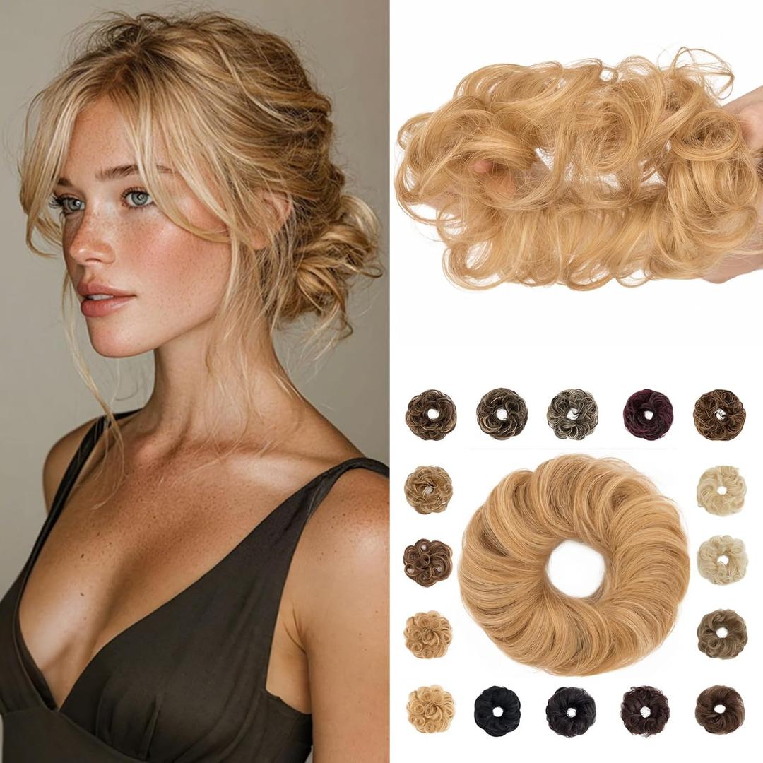 Rich Choices Human Hair Messy Bun Hair Piece, 100% Remy Human Hairs Bun HairPiece for Women,Chignon Fluffy Donut Updo with Elastic Rubber Band Wavy #12P613 Golden Brown Mix Bleach Blonde